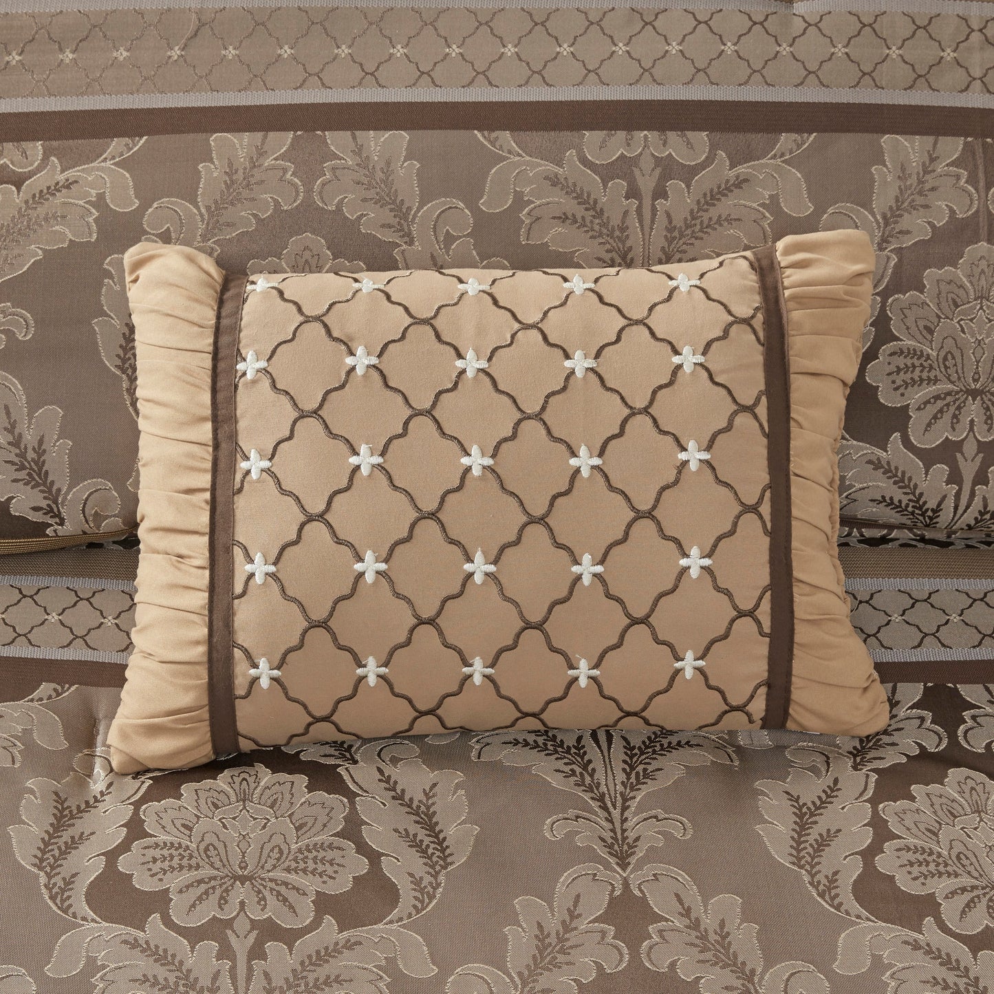 7 Piece Jacquard Comforter Set Brown/Gold King HouseOfZazla damask with two beige bolsters on Tampa Home & Garden Store