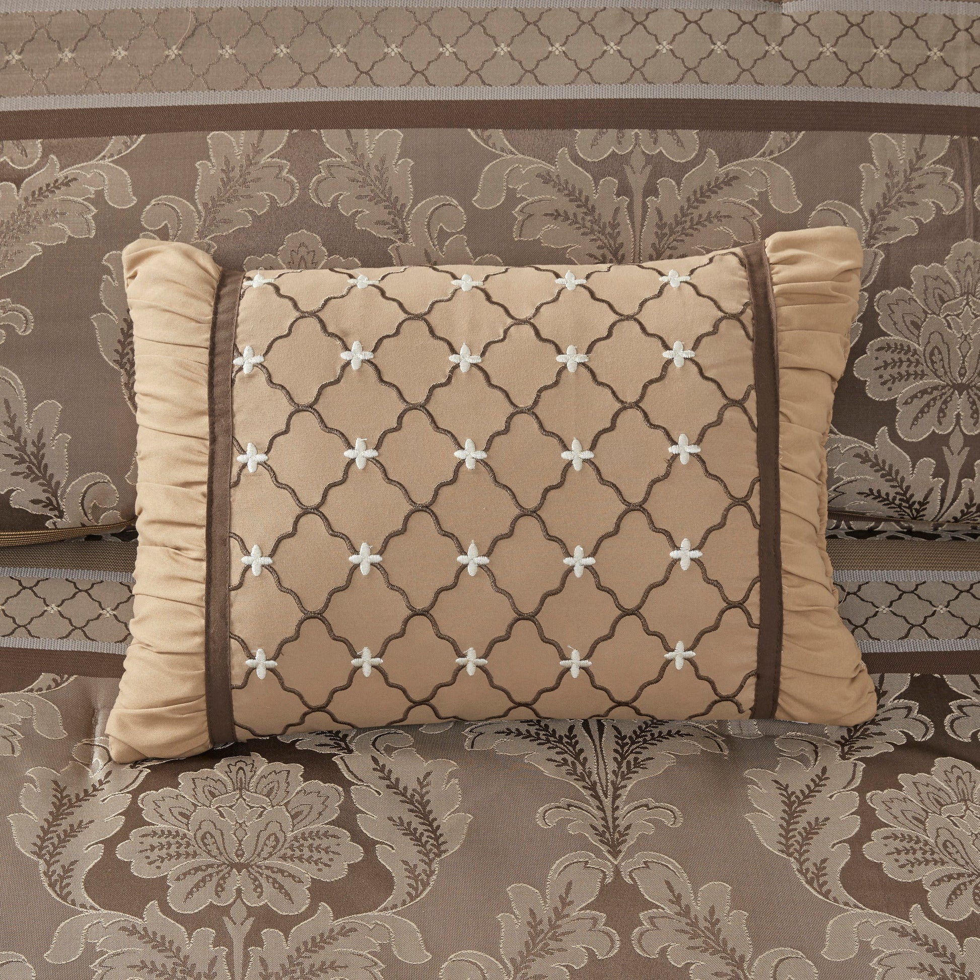7 Piece Jacquard Comforter Set Brown/Gold King HouseOfZazla damask with two beige bolsters on Tampa Home & Garden Store