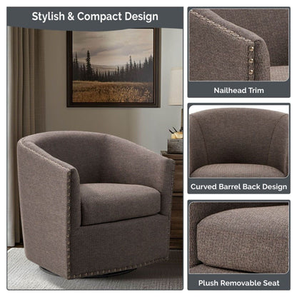 Luxurious Pearl Silver Swivel Chair by HouseOfZazla with nailhead trim and curved barrel back on Tampa Home & Garden Store