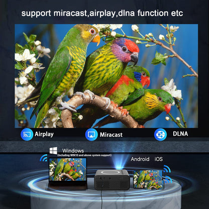 YT300 mobile projector displays vivid parrot scene with Airplay Miracast DLNA icons on Tampa Home & Garden Store