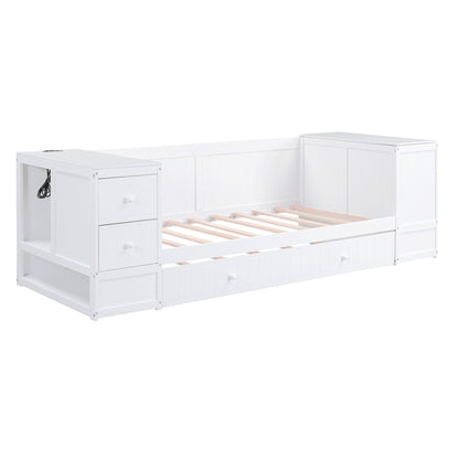 Daybed with storage arms and trundle by HouseOfZazla, white wood frame with end storage on Tampa Home & Garden Store
