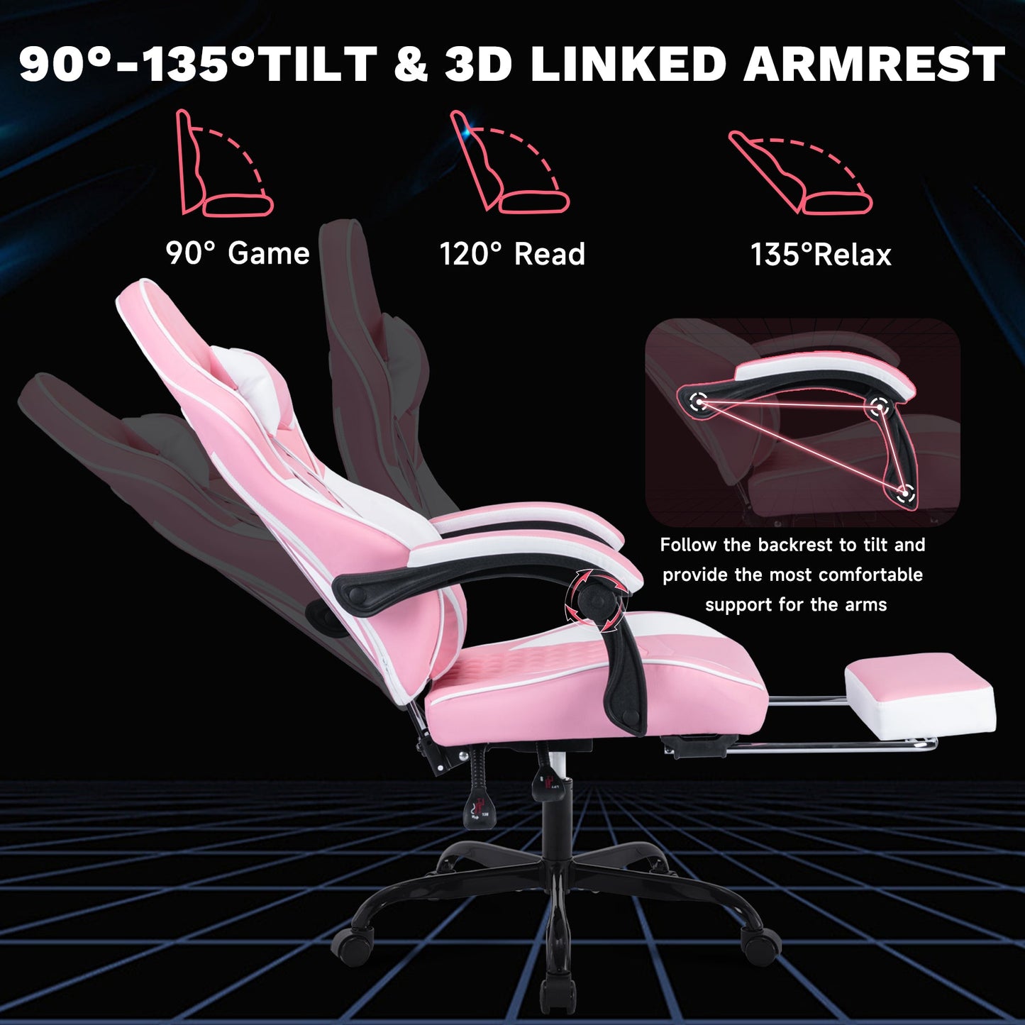 Ergonomic Video Gamer Chair by HouseOfZazla pink upholstery with massage lumbar support on Tampa Home & Garden Store