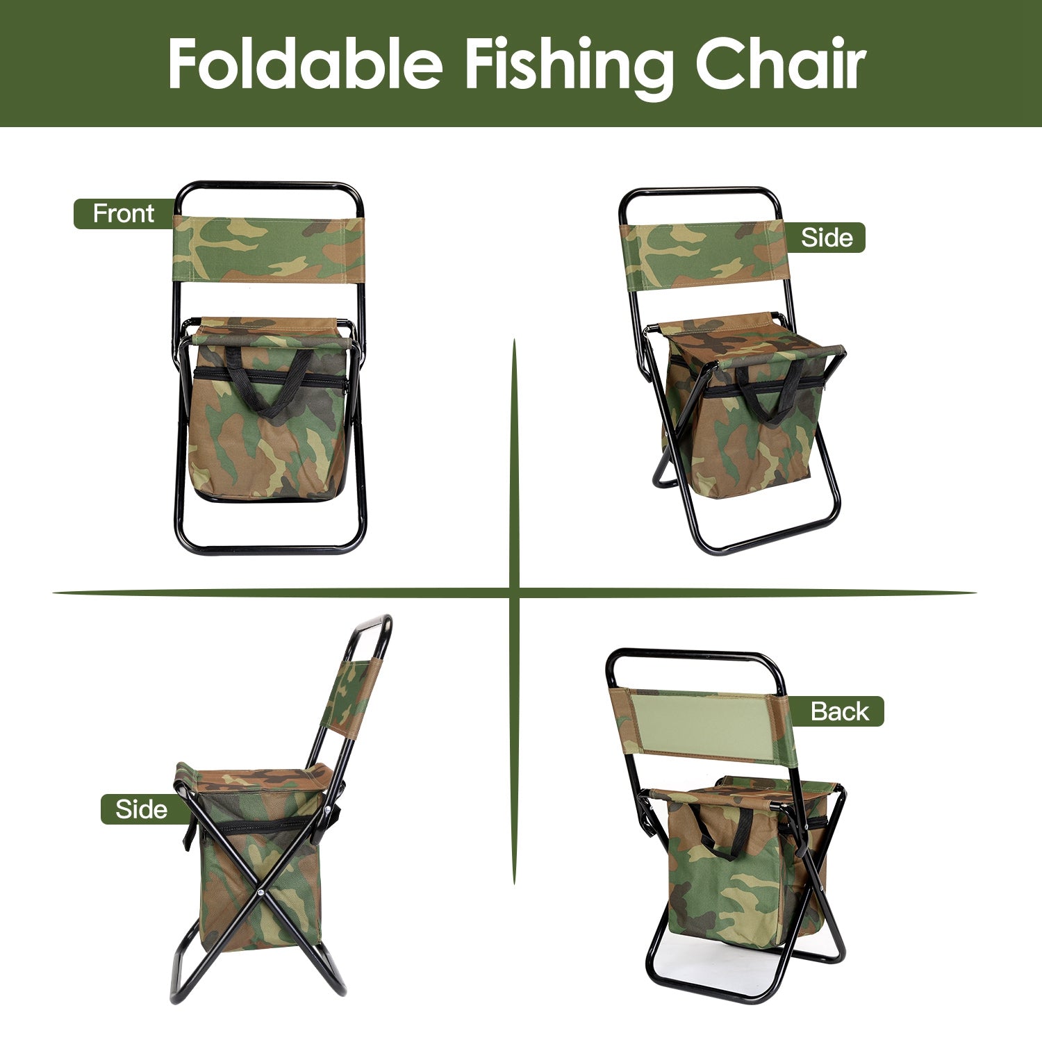 Foldable camouflage fishing chair with backrest and built-in cooler bag GemGear on Tampa Home & Garden Store