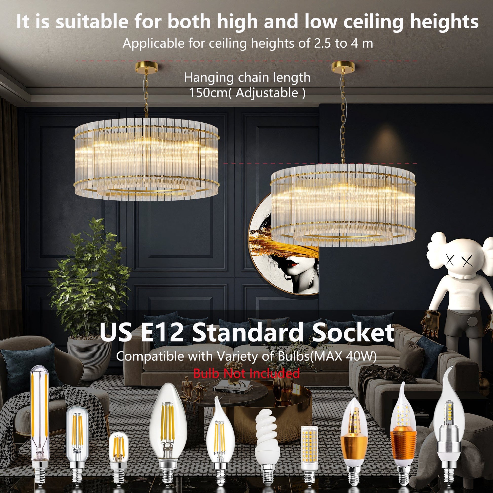 37-inch gold round 8-light crystal chandelier by HouseOfZazla, two hanging fixtures on Tampa Home & Garden Store