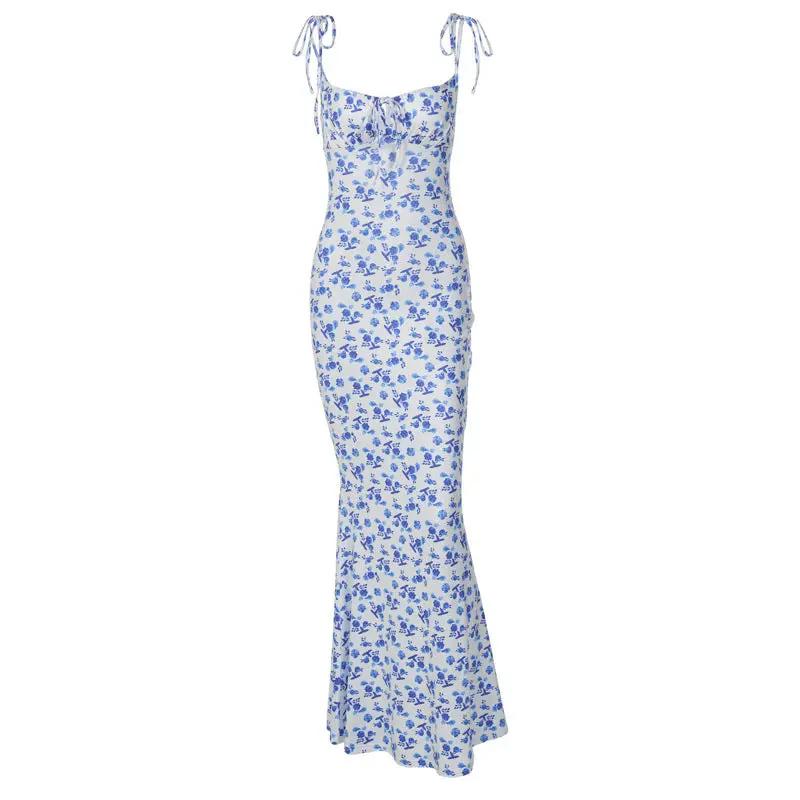 Floral print suspender long dress blue floral lace-up backless by FLIPSTYLEZLLC on Tampa Home & Garden Store