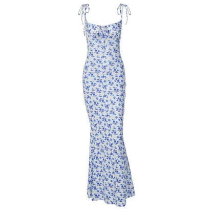 Floral print suspender long dress blue floral lace-up backless by FLIPSTYLEZLLC on Tampa Home & Garden Store