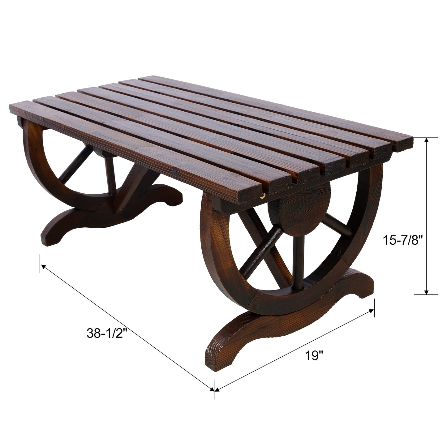 Outdoor Rustic Wooden Bench with Wagon Wheel Legs by HouseOfZazla, dark stained wood slats on Tampa Home & Garden Store