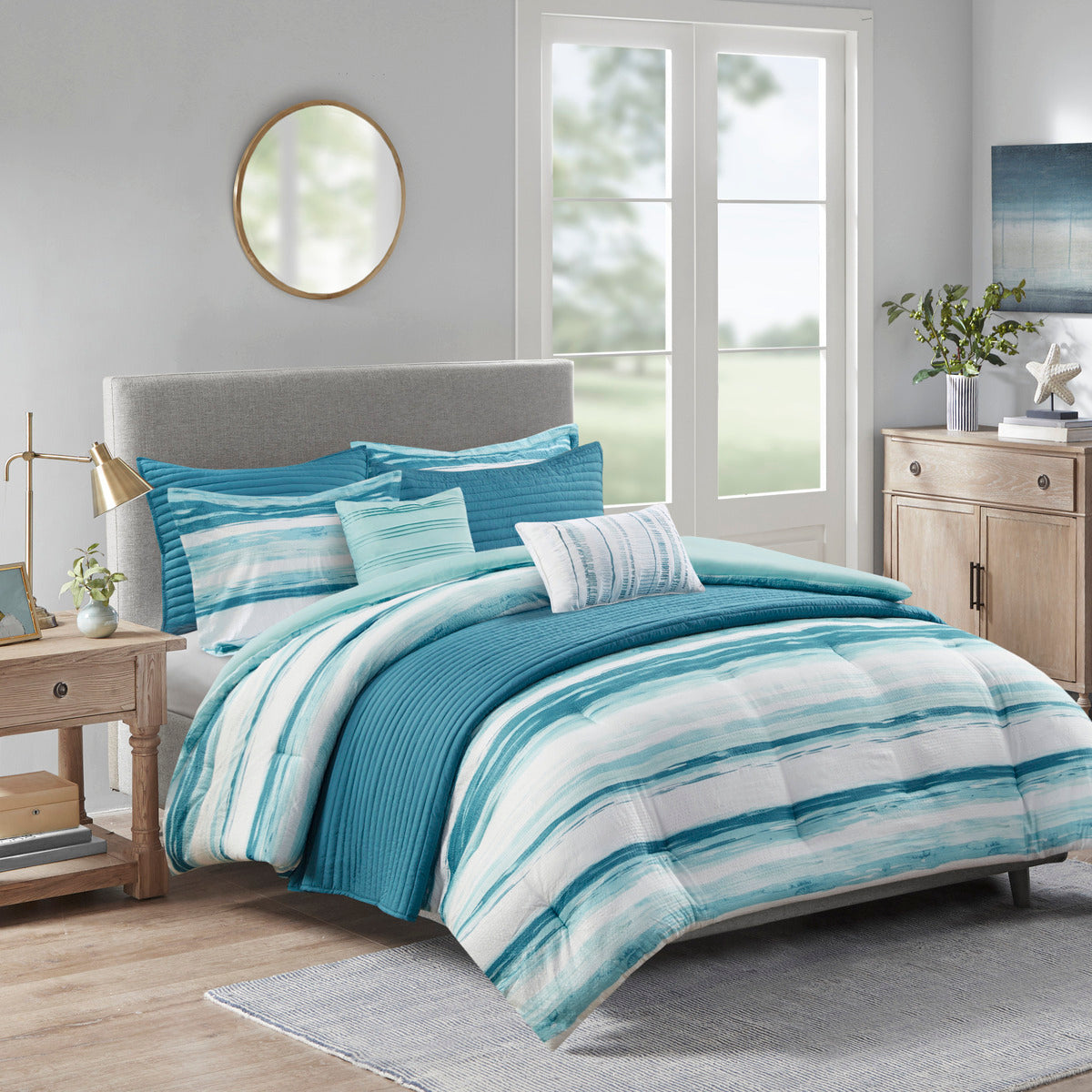 8 Piece Aqua Seersucker Comforter and Quilt Set