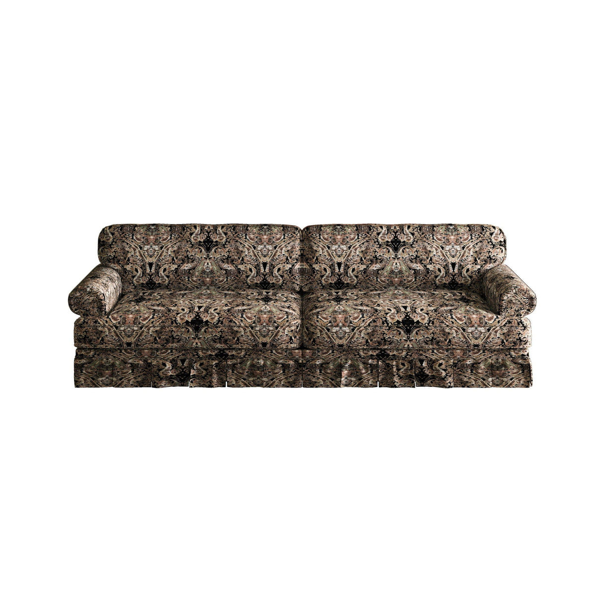 Comfortable Cloud Sofa with rolled arms and skirt in brown paisley upholstery by HouseOfZazla on Tampa Home & Garden Store