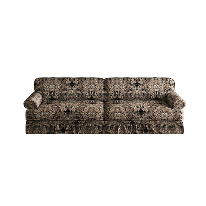 Comfortable Cloud Sofa with rolled arms and skirt in brown paisley upholstery by HouseOfZazla on Tampa Home & Garden Store