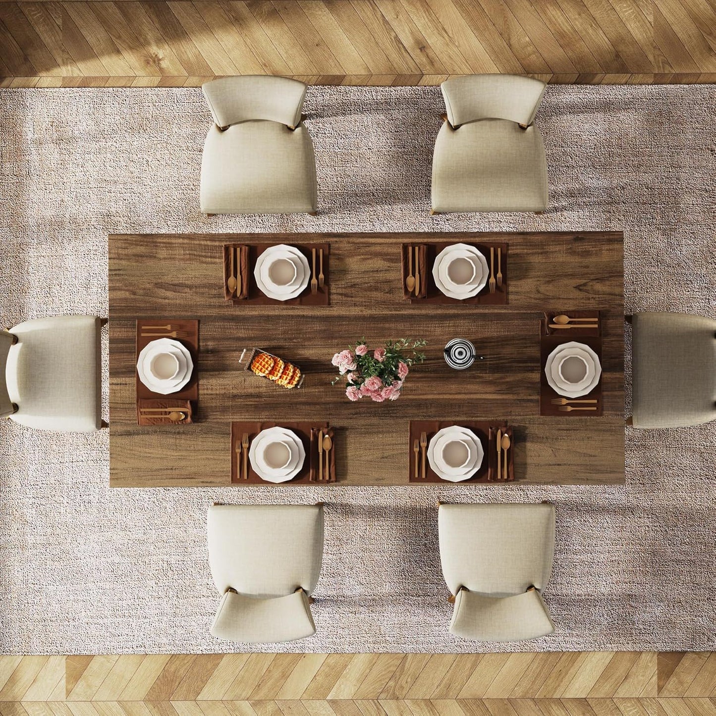 Dining table for 4-6 with a thick dark walnut wood top and beige upholstered chairs on Tampa Home & Garden Store