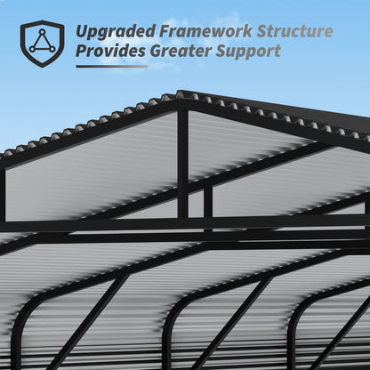 Heavy duty black metal carport frame with corrugated roof panels under blue sky on Tampa Home & Garden Store