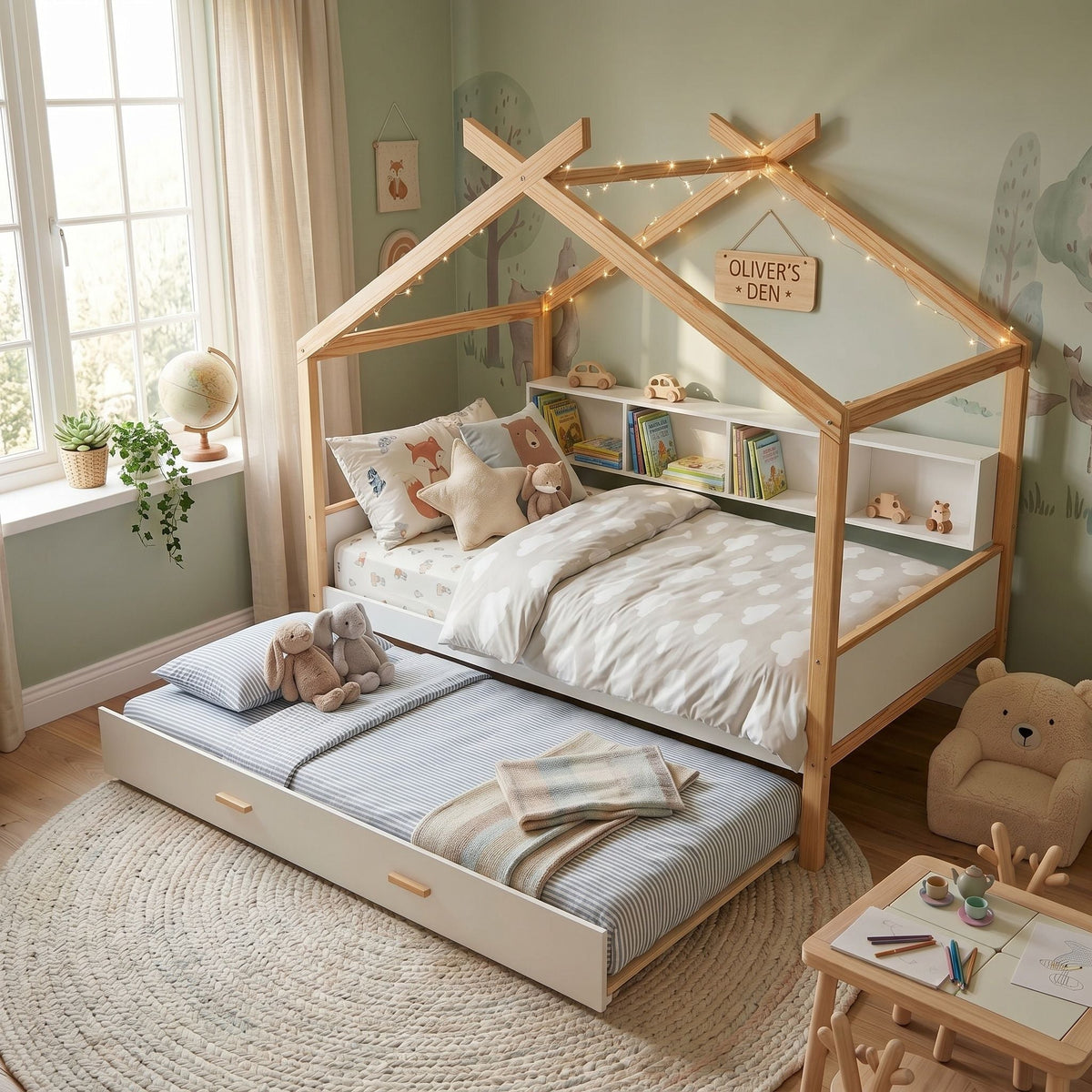 House Bed With Bookshelf Storage by HouseOfZazla, wood frame with shelves and fairy lights on Tampa Home & Garden Store