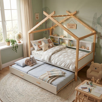 House Bed With Bookshelf Storage by HouseOfZazla, wood frame with shelves and fairy lights on Tampa Home & Garden Store