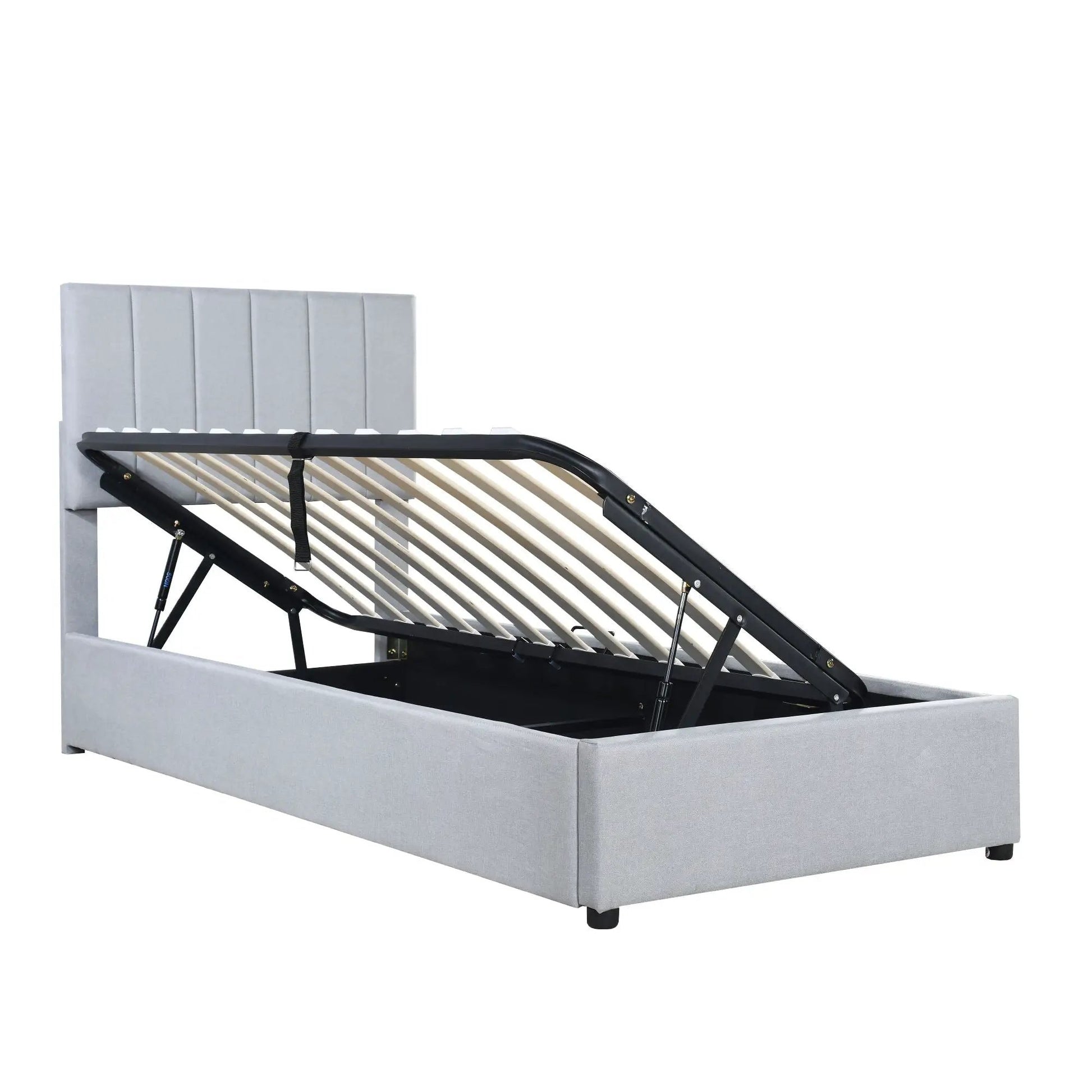 Upholstered platform bed with hydraulic storage in light gray fabric, slatted base on Tampa Home & Garden Store