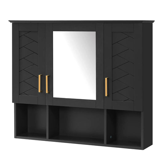 Black wall-mounted medicine cabinet with diagonal paneled doors, mirror and gold handles on Tampa Home & Garden Store