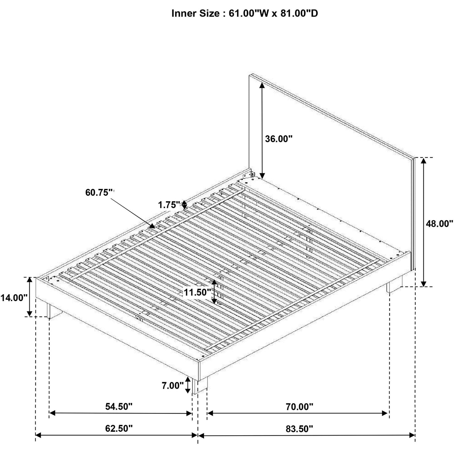 Hemlock platform bed with tall headboard in blueprint diagram, HouseOfZazla brand on Tampa Home & Garden Store