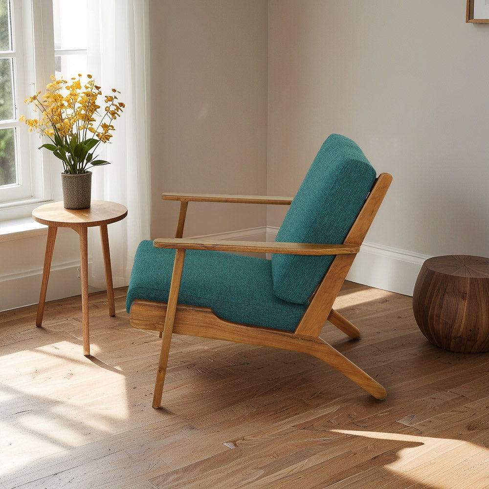 HouseOfZazla lounge chair with light blue upholstery and wooden frame mid-century style on Tampa Home & Garden Store
