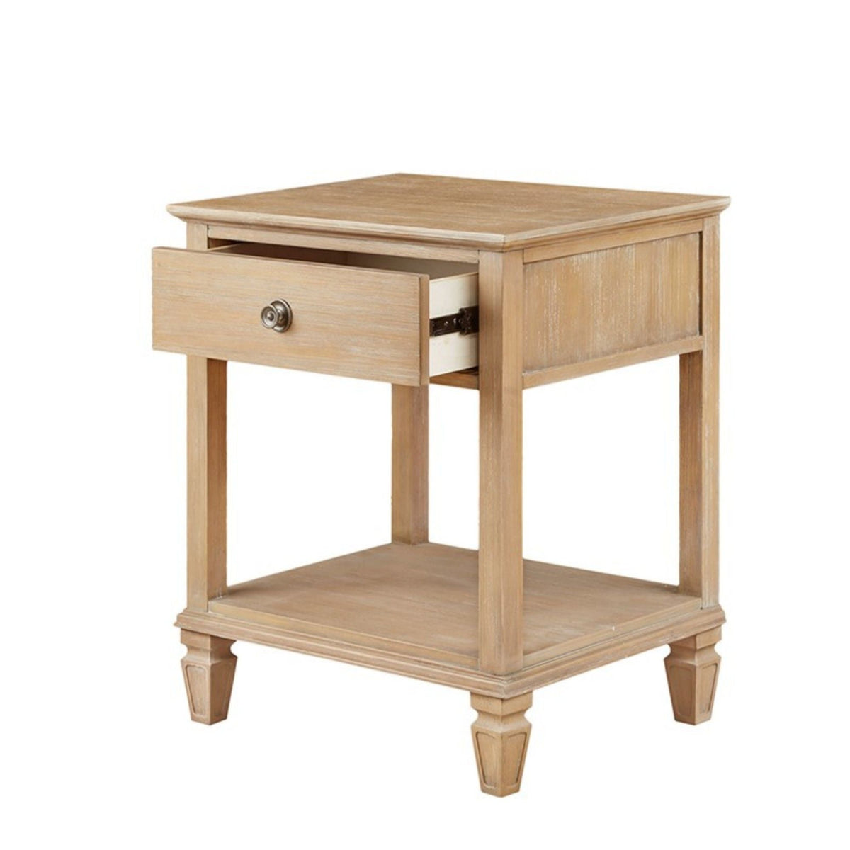 Bedside table with drawer and shelf in light natural solid wood, drawer pulled open on Tampa Home & Garden Store