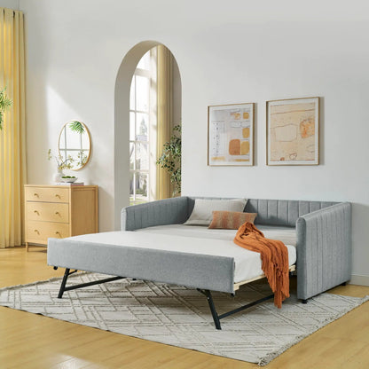 Upholstered daybed with pull-out trundle in gray fabric by Unique Piece Furniture, vertical stripe style on Tampa Home & Garden Store