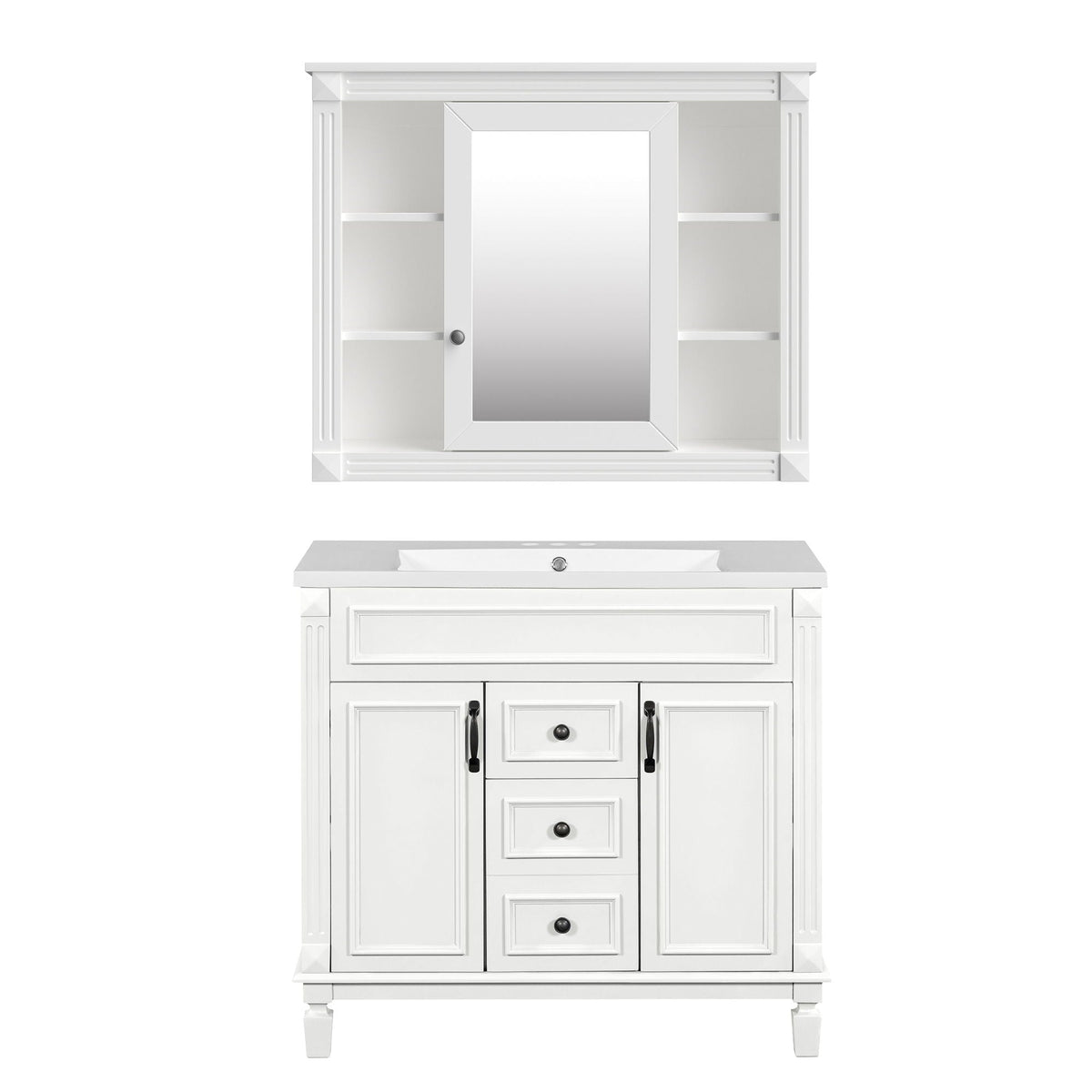 White bathroom vanity with sink and mirror cabinet, shelves and soft-closing doors on Tampa Home & Garden Store