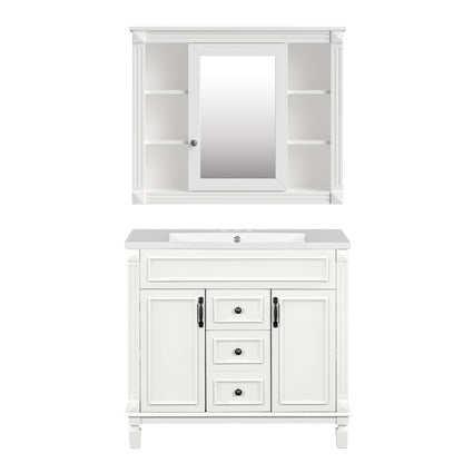 White bathroom vanity with sink and mirror cabinet, shelves and soft-closing doors on Tampa Home & Garden Store