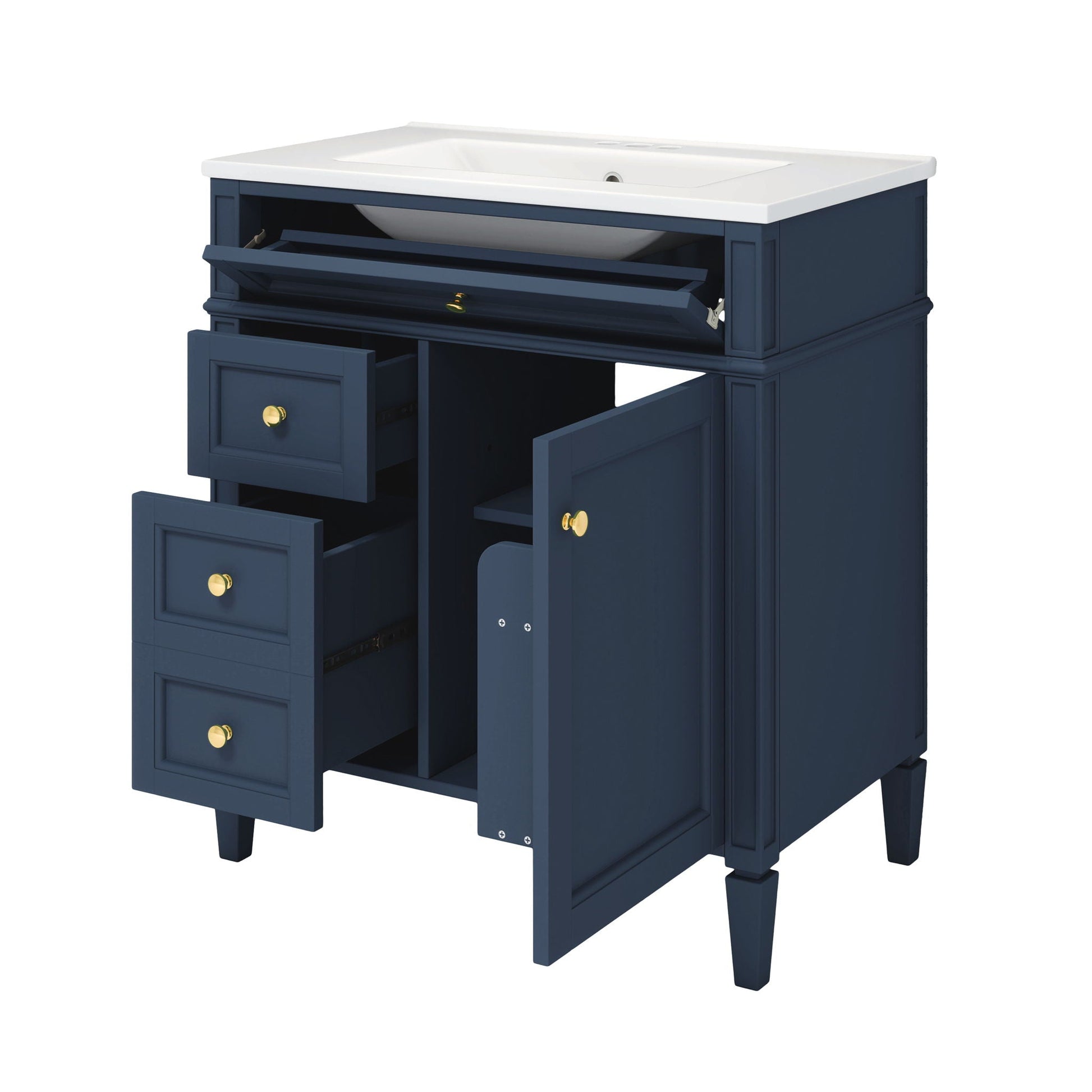 Navy bathroom vanity with medicine cabinet, white countertop, gold hardware, 2 doors 4 drawers on Tampa Home & Garden Store