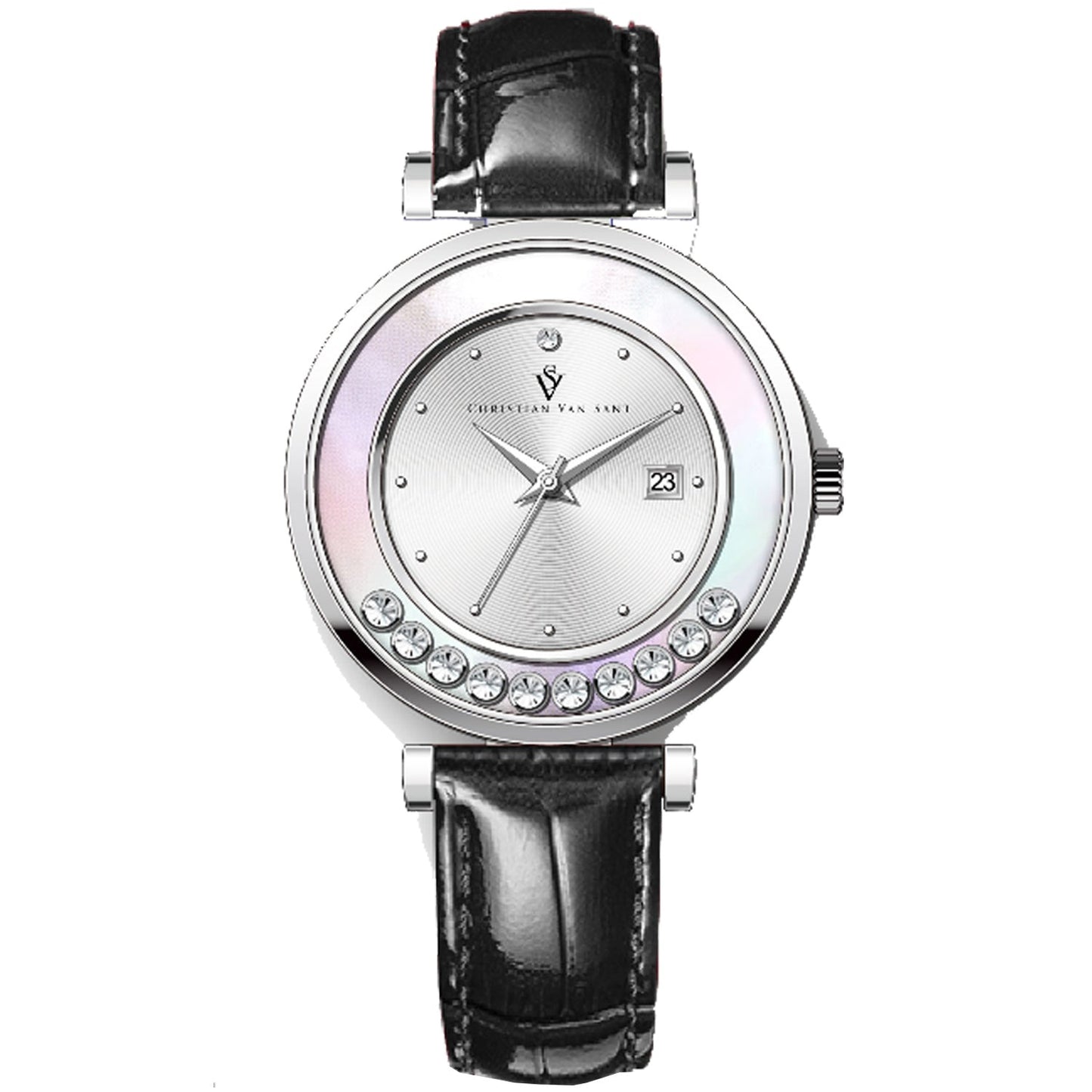 Christian Van Sant Bria watch with silver dial, crystal accents and black leather strap on Tampa Home & Garden Store