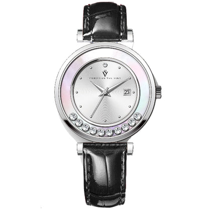 Christian Van Sant Bria watch with silver dial, crystal accents and black leather strap on Tampa Home & Garden Store