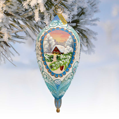 Winter Cottage Sculpted Ornament by G. DeBrekht, turquoise winter cottage scene with gold trim hanging on Tampa Home & Garden Store