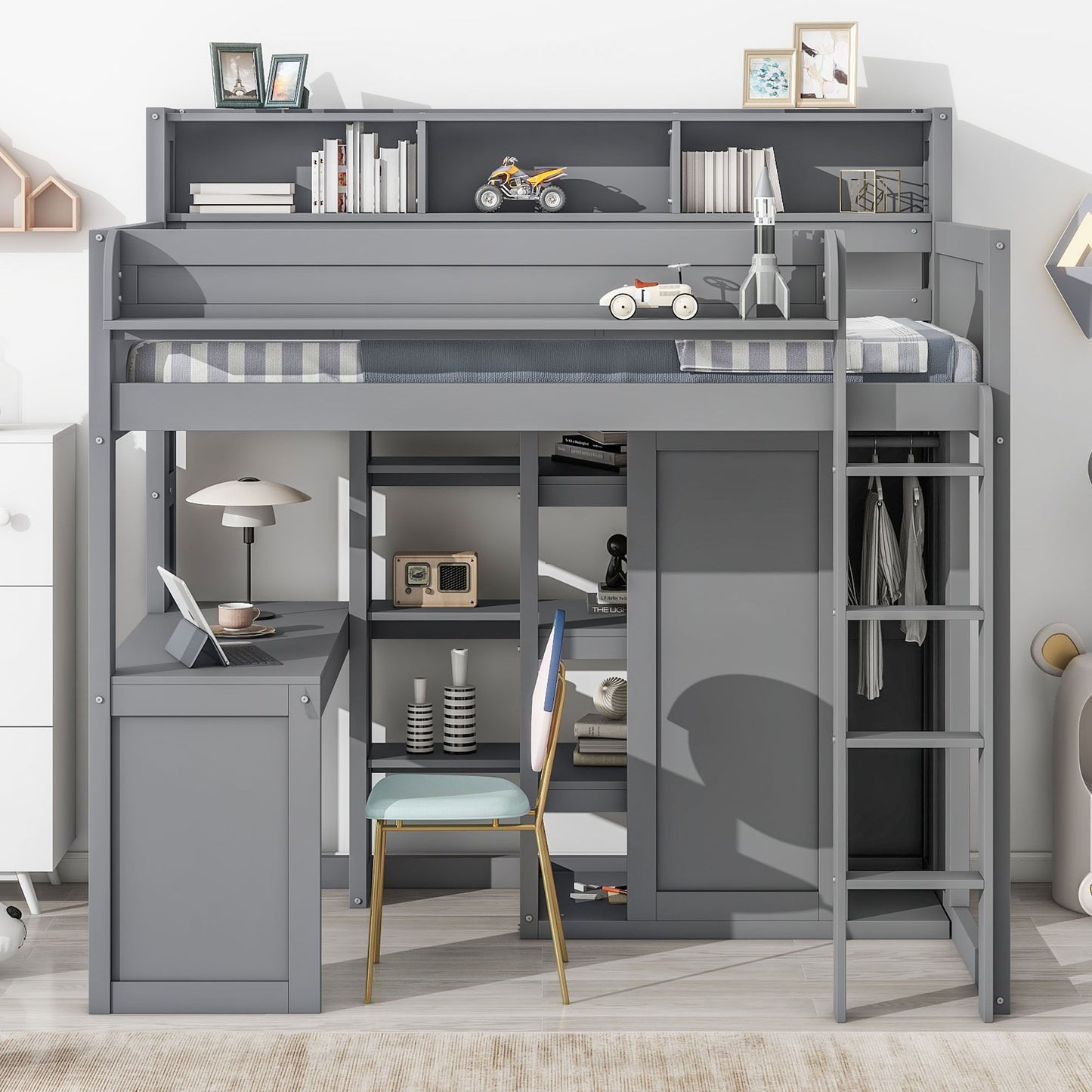 Loft bed with built-in desk, storage shelves, and wardrobe in grey by HouseOfZazla on Tampa Home & Garden Store