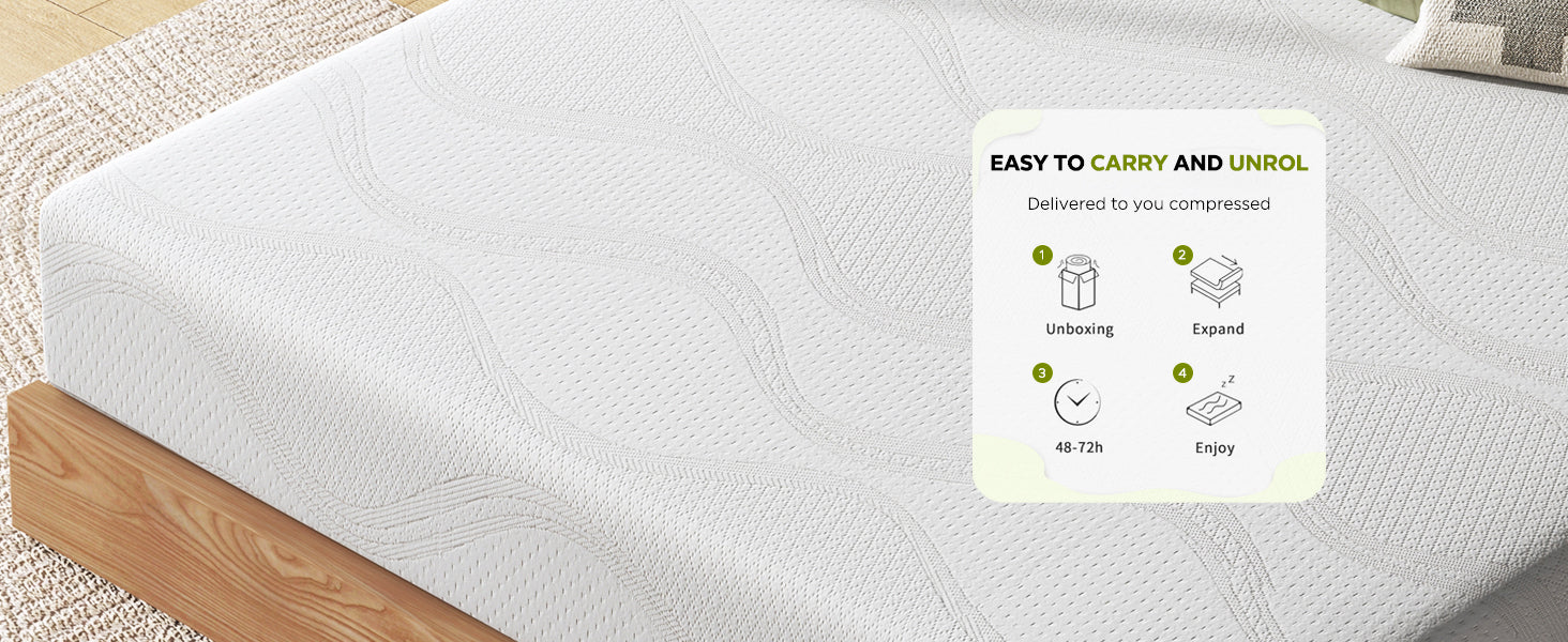 Queen size memory foam mattress, 10 inch cooling, surface on wooden bed frame with card on Tampa Home & Garden Store