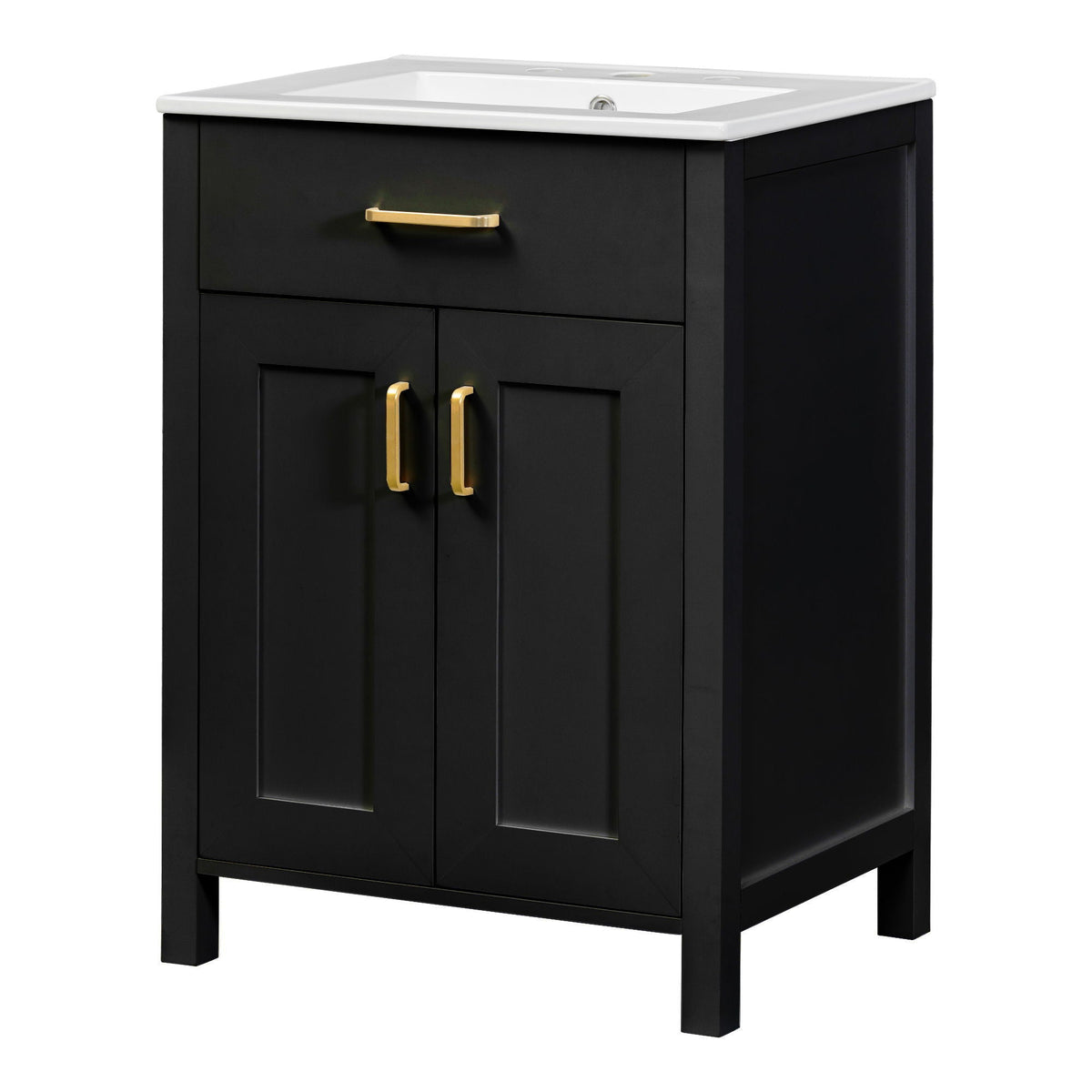 Modern bathroom vanity with white countertop, black cabinet, gold hardware on Tampa Home & Garden Store