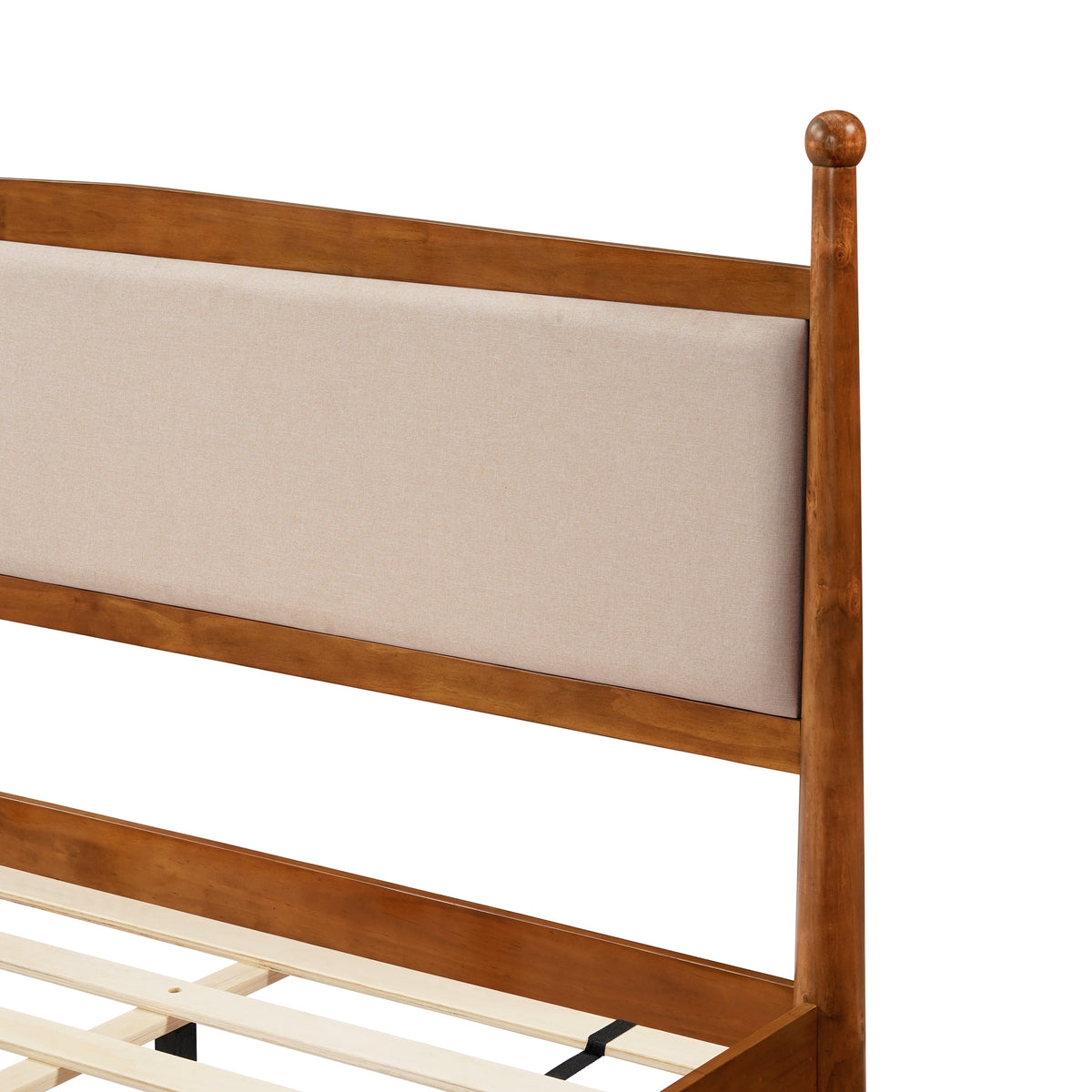 King Size Upholstered Platform Bed Frame with beige headboard and wood posts HouseOfZazla on Tampa Home & Garden Store