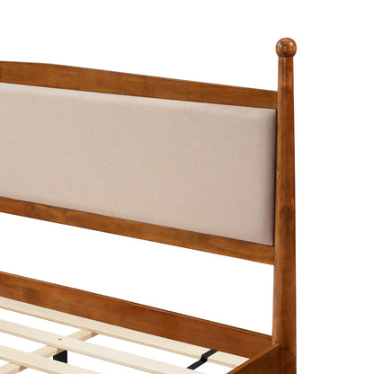 King Size Upholstered Platform Bed Frame with beige headboard and wood posts HouseOfZazla on Tampa Home & Garden Store