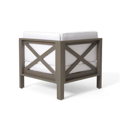 Brava X-Back 4-Piece White Outdoor Sofa Set, wood frame and white cushions on Tampa Home & Garden Store
