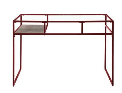 Yasin Glass Top Writing Desk red metal frame with lower left wood-grain shelf HouseOfZazla on Tampa Home & Garden Store