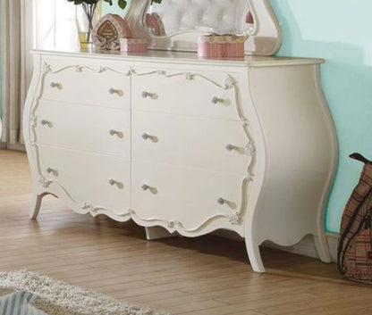 Edalene White Dresser with Six Drawers, ornate carved edges and curved silhouette on Tampa Home & Garden Store