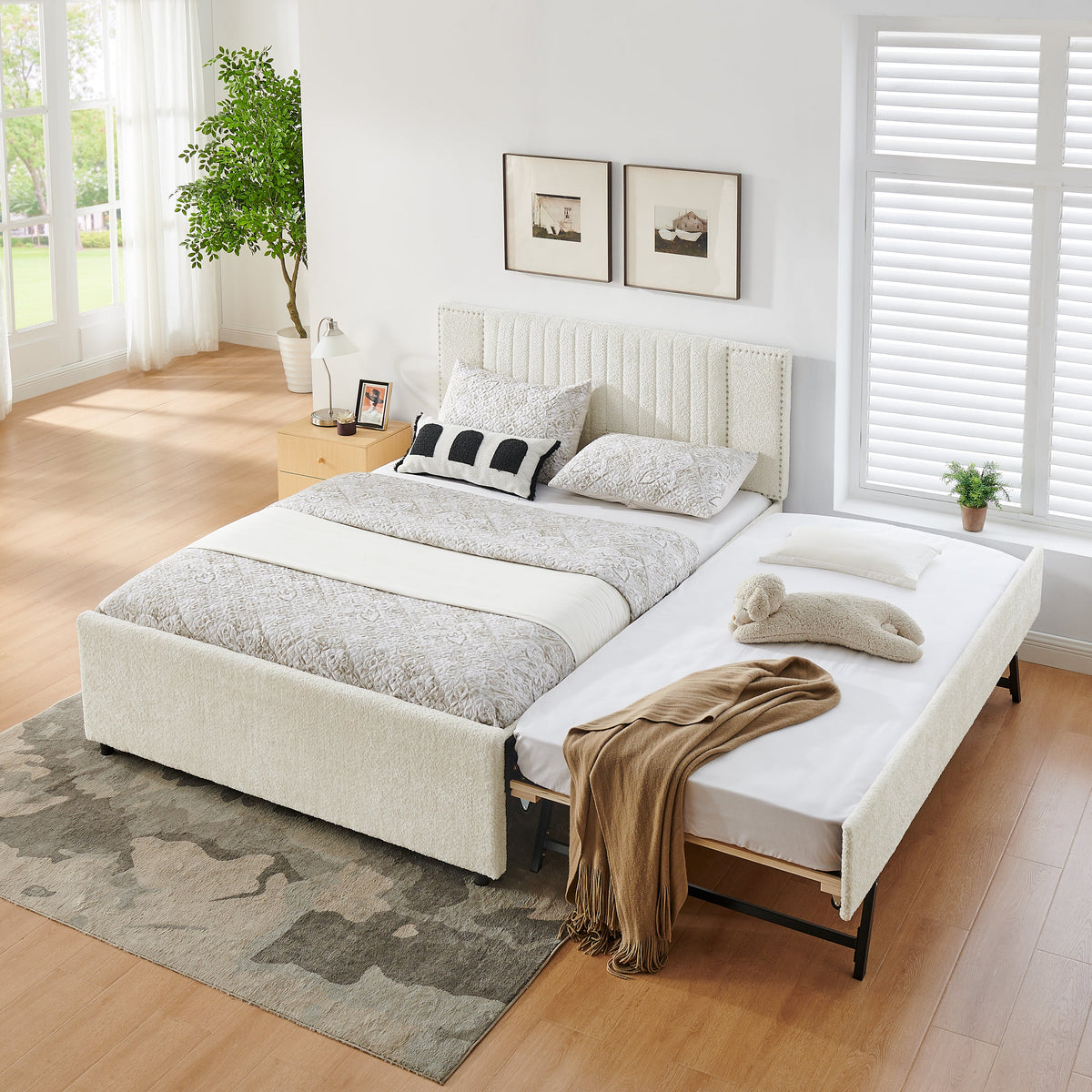 Queen Size vertical channel tufted upholstered bed in cream fabric with storage and trundle on Tampa Home & Garden Store