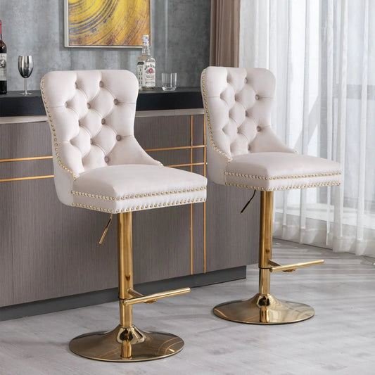 Two tufted beige swivel bar stools with gold bases and nailhead trim, adjustable 25–33 in on Tampa Home & Garden Store