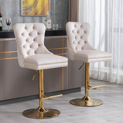 Cream tufted swivel bar stools with gold base and nailhead accents, adjustable, set of 2 on Tampa Home & Garden Store