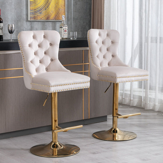 Cream tufted swivel bar stools with gold base and nailhead accents, adjustable, set of 2 on Tampa Home & Garden Store