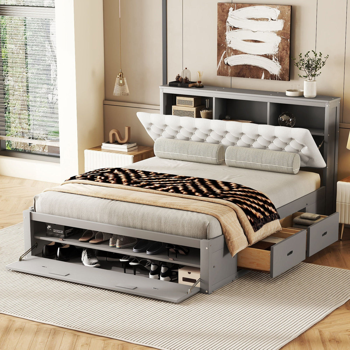 Gray platform bed with storage headboard, shoe rack and four drawers on Tampa Home & Garden Store