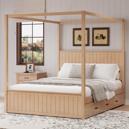 HouseOfZazla canopy platform bed with trundle in natural oak and 3 storage drawers at foot on Tampa Home & Garden Store