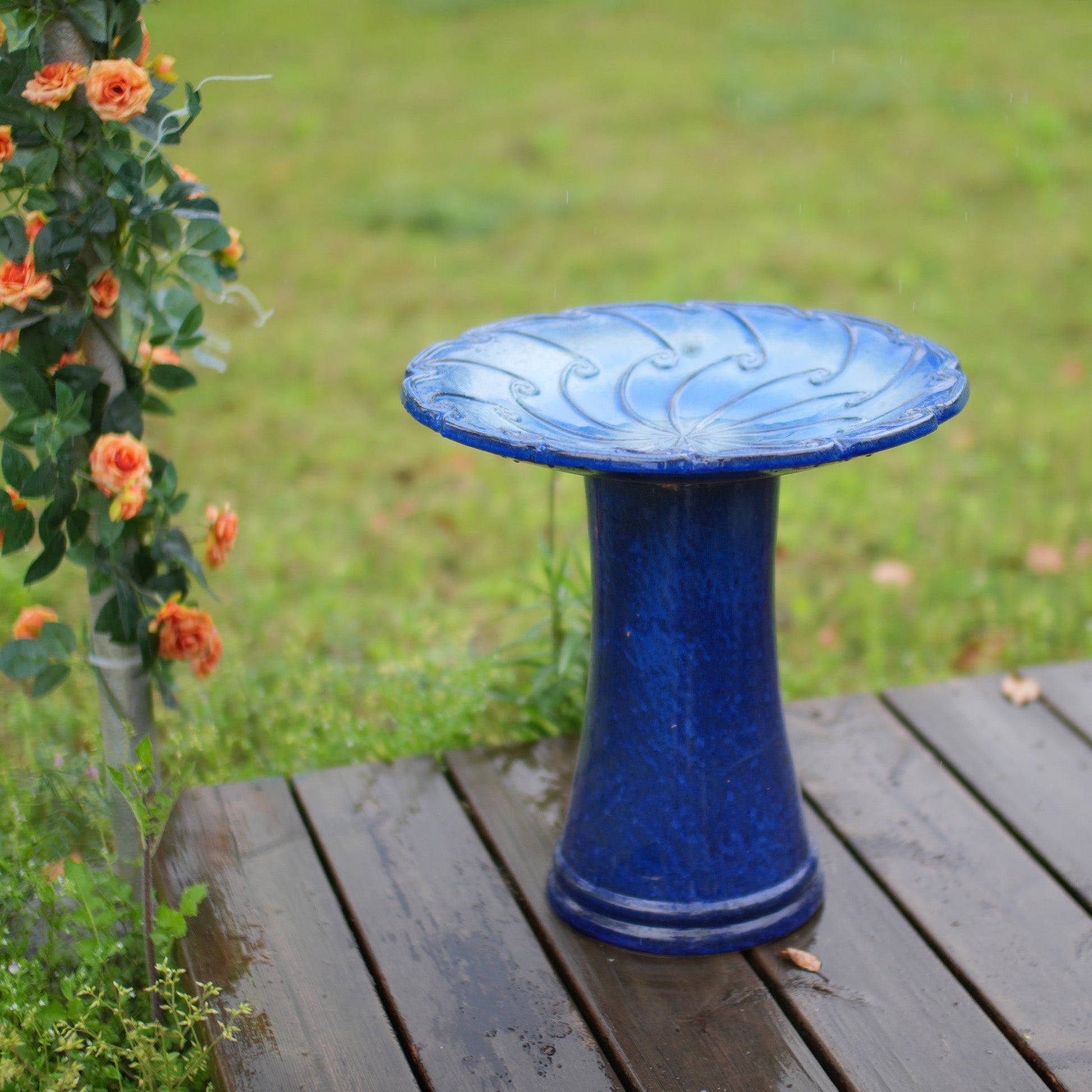 Handmade glazed ceramic bird bath sapphire blue with swirl pattern by HouseOfZazla on Tampa Home & Garden Store