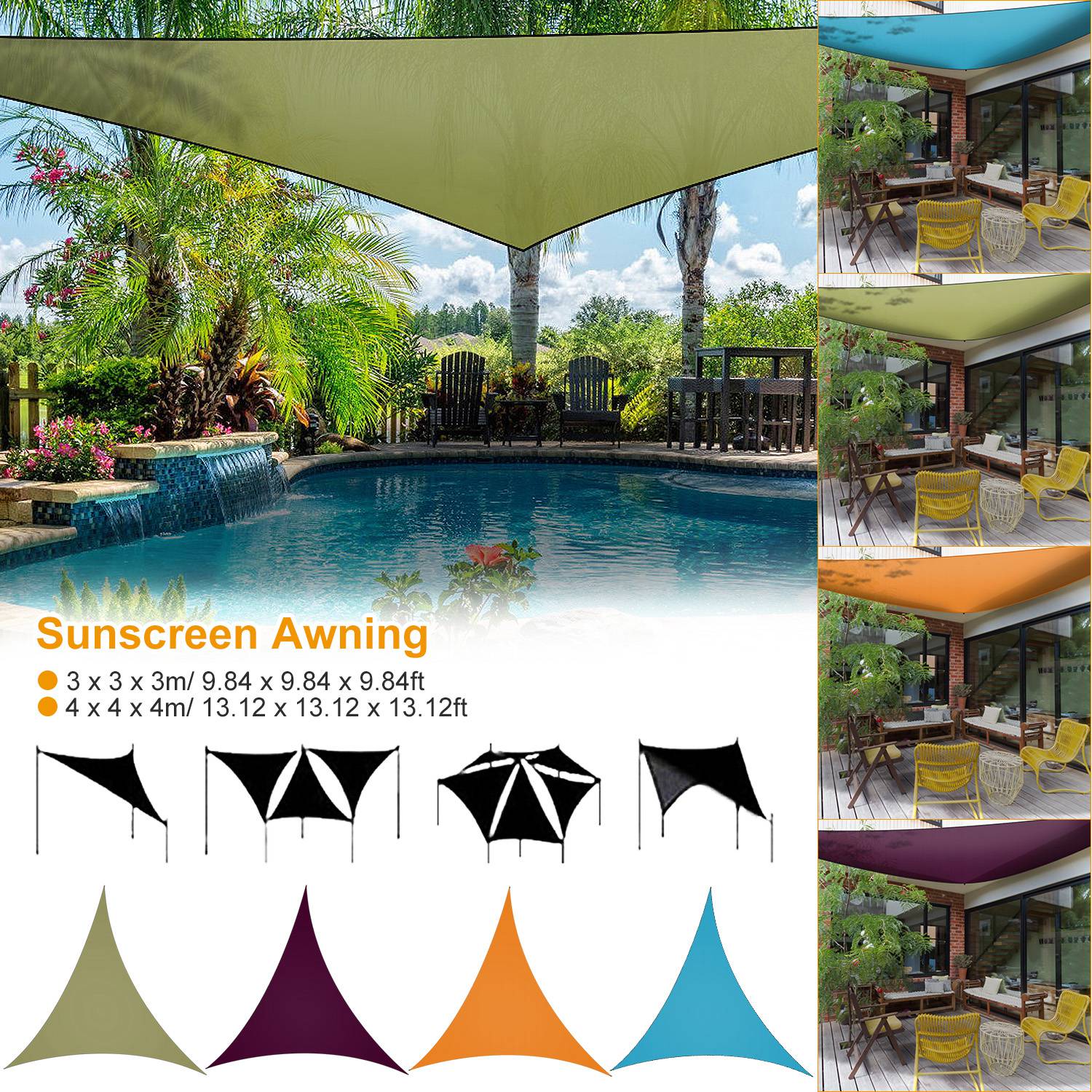 GemGear shade sail triangle canopy in olive green over backyard pool area on Tampa Home & Garden Store