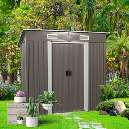 Outdoor storage shed HouseOfZazla; dark gray metal with vent panels and double doors on Tampa Home & Garden Store