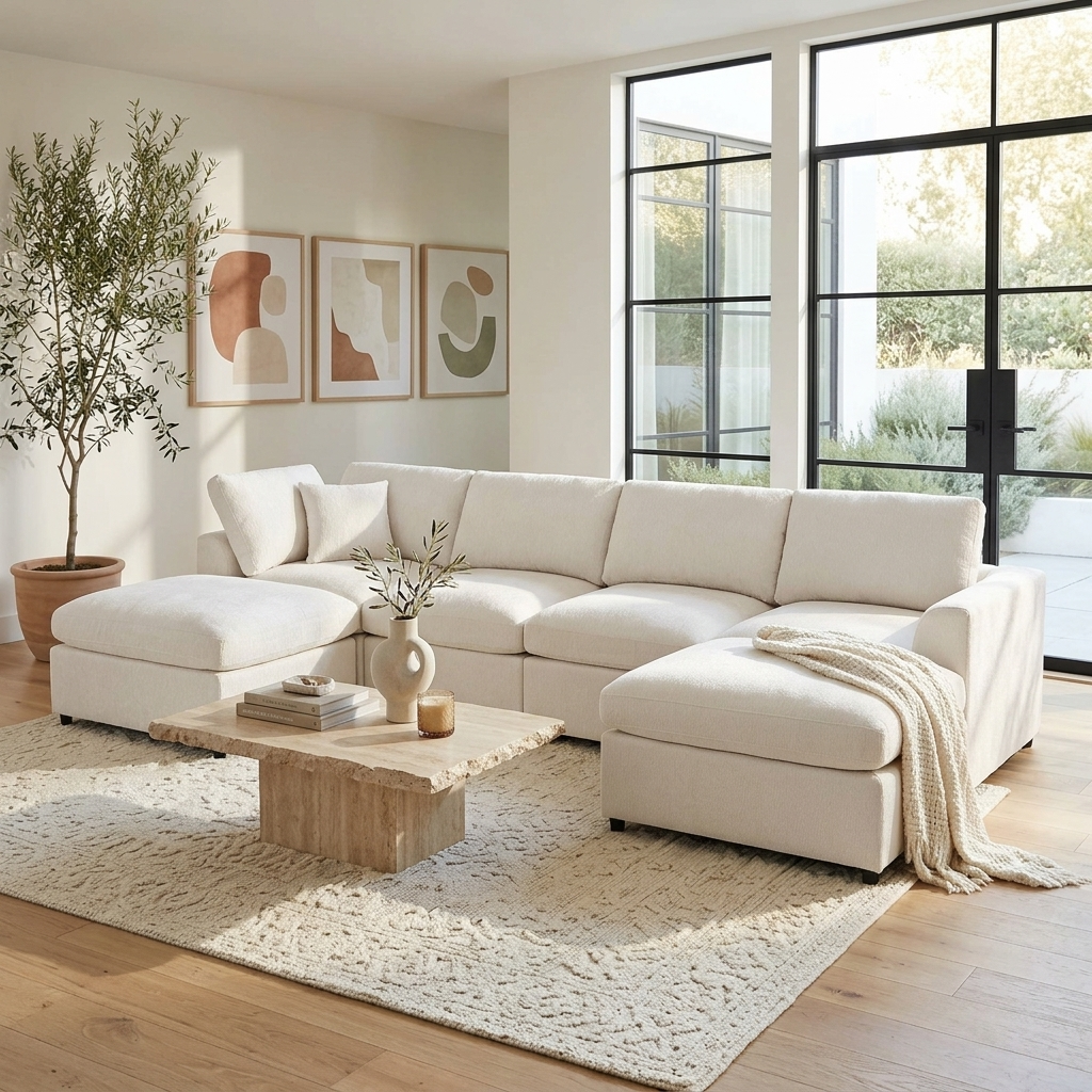 U-Style 130.3-inch 6-Seater Modular Sectional Sofa HouseOfZazla in cream fabric with chaise on Tampa Home & Garden Store