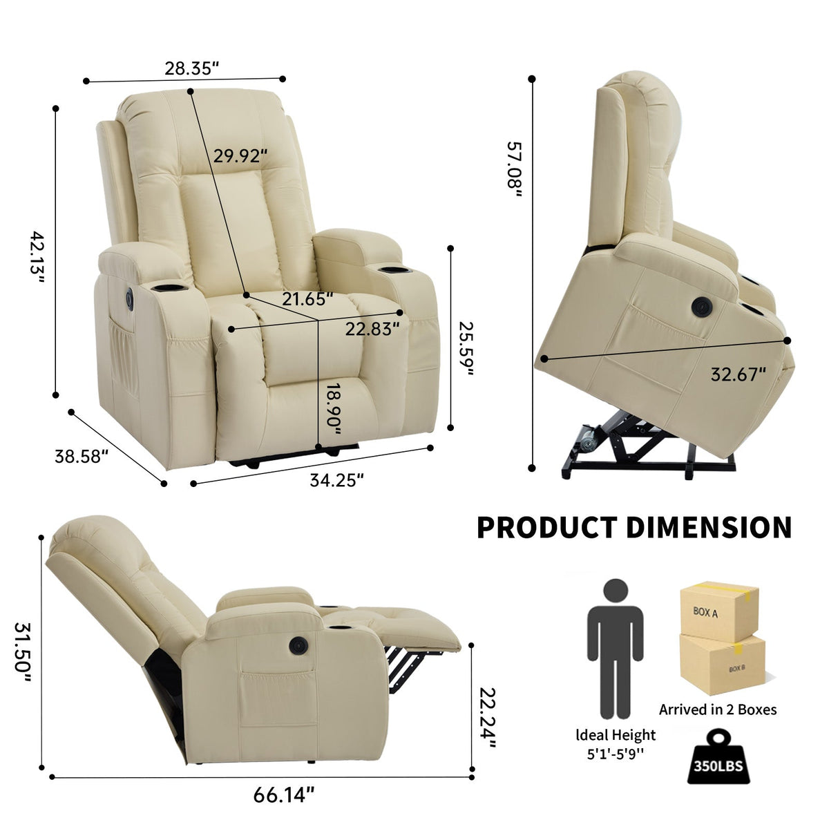 Beige PU infinite-position power lift recliner chair by HouseOfZazla with cupholders on Tampa Home & Garden Store