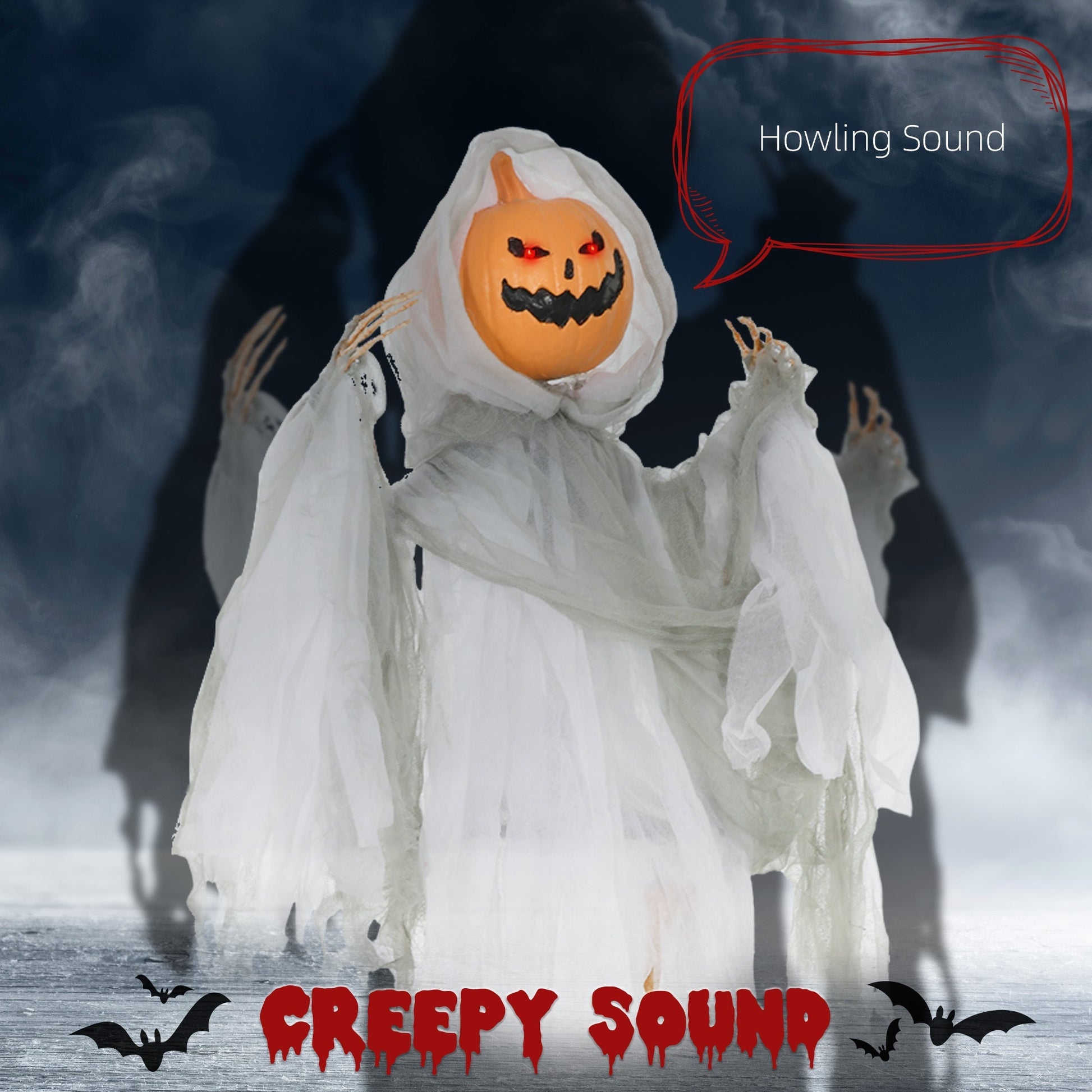 Outdoor Halloween Hanging Pumpkin Ghost with light-up eyes and sound by HouseOfZazla head on Tampa Home & Garden Store